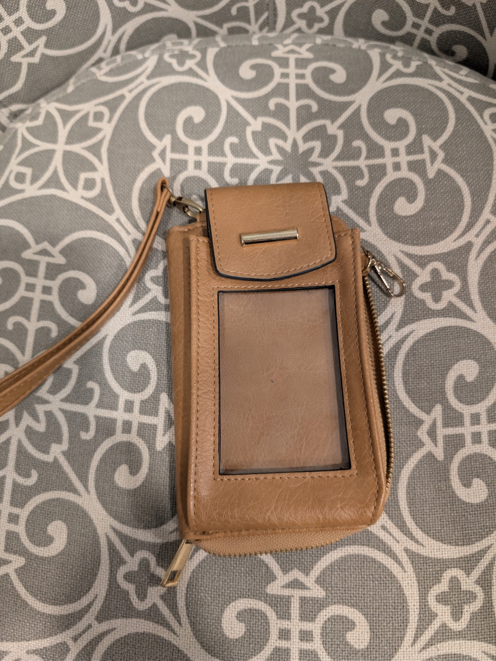 Tan Leather Wristlet Phone Wallet with ID Window